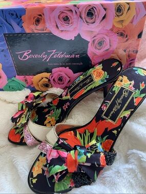 Beverly Feldman Black Floral Bow Slide Mules with Metallic Accents